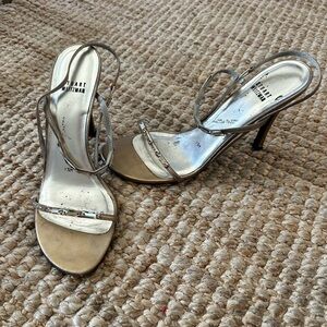 STUART WEITZMAN Gold Crystal Baguette Leather Strappy Slingback Heels Size 9.5